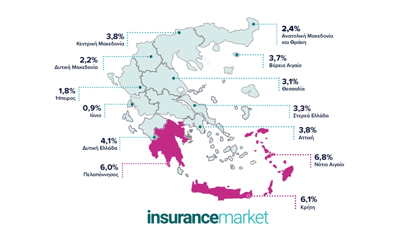 χάρτης της Ελλάδα με τις αυξήσεις ασφαλίστρων 2023